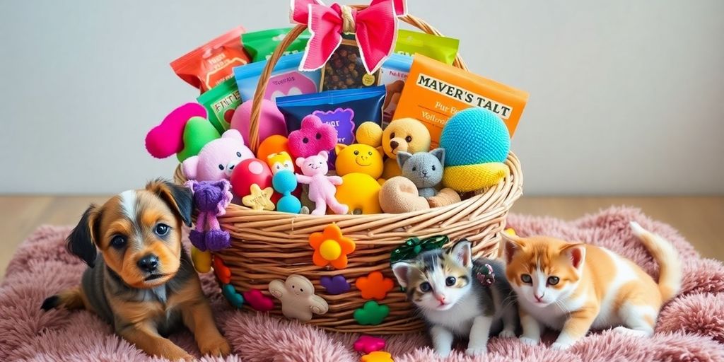 Gift basket filled with pet toys and treats.