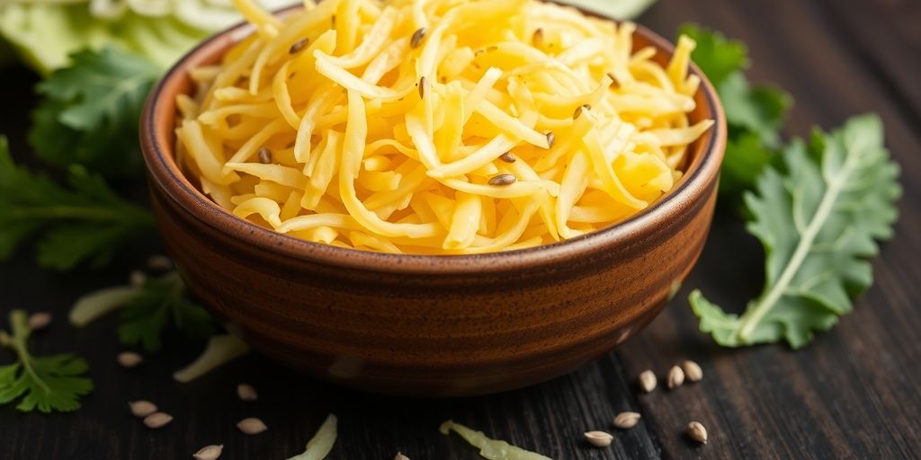 Sauerkraut in a bowl with cabbage and spices.