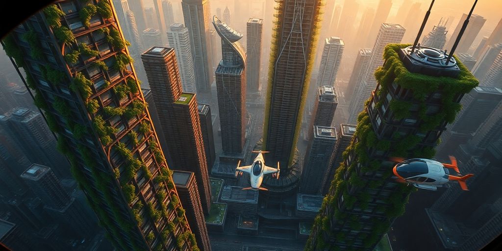 A helicopter flies over a futuristic city with green skyscrapers.