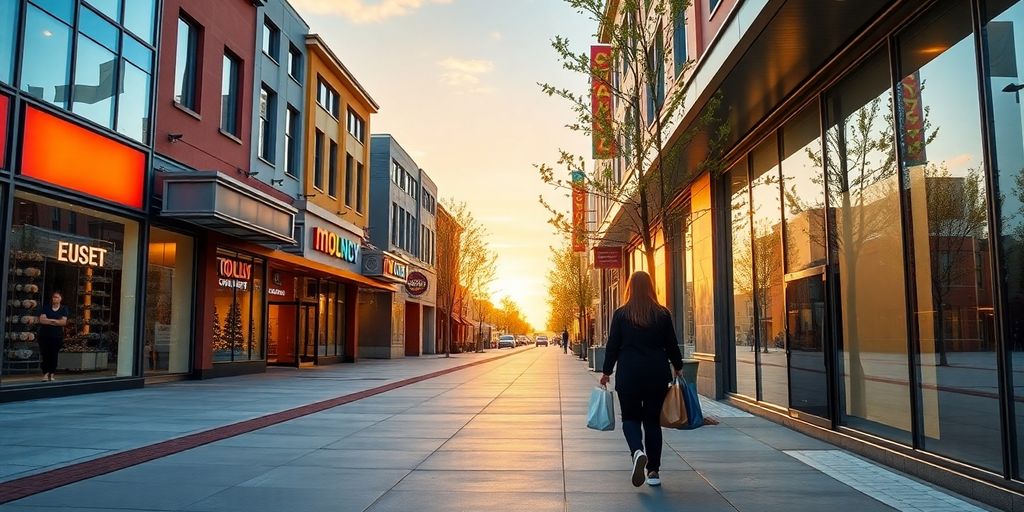 Suburban street at sunset with colorful retail storefronts and awnings