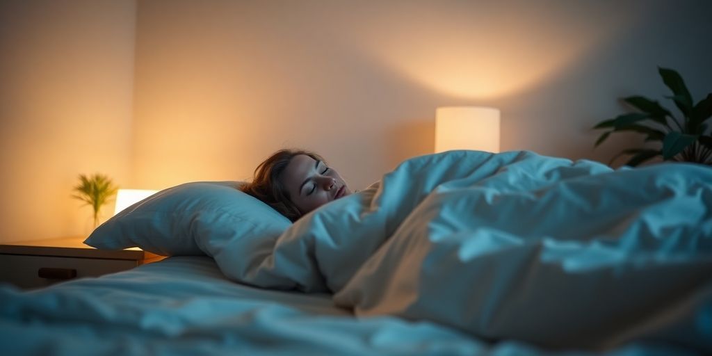 Peaceful bedroom, soft lighting, person sleeping soundly.