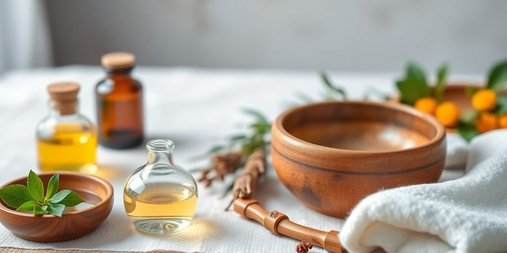 Herbal oils and Nasya pot for Ayurvedic hair treatment.