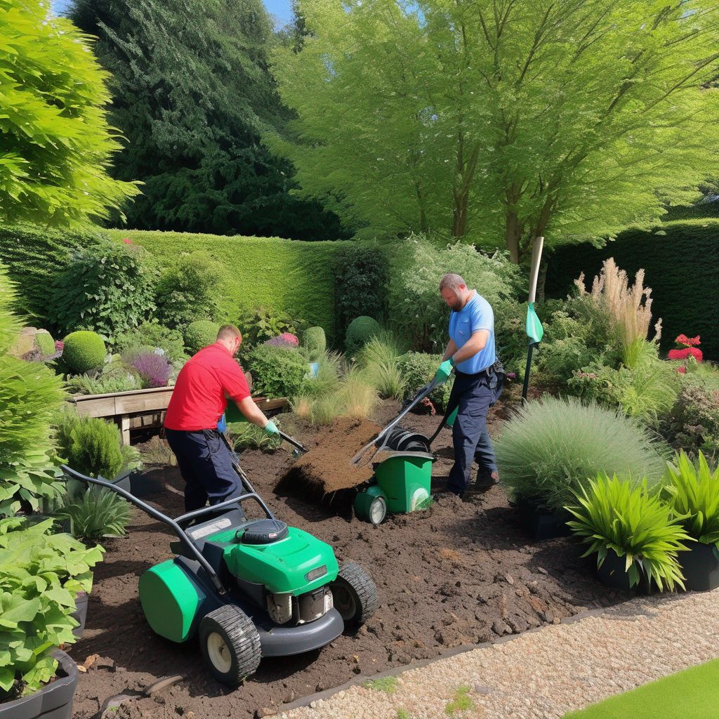 professional garden clearance service team working in a lush garden