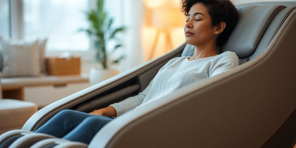 Person relaxing in a modern massage chair.