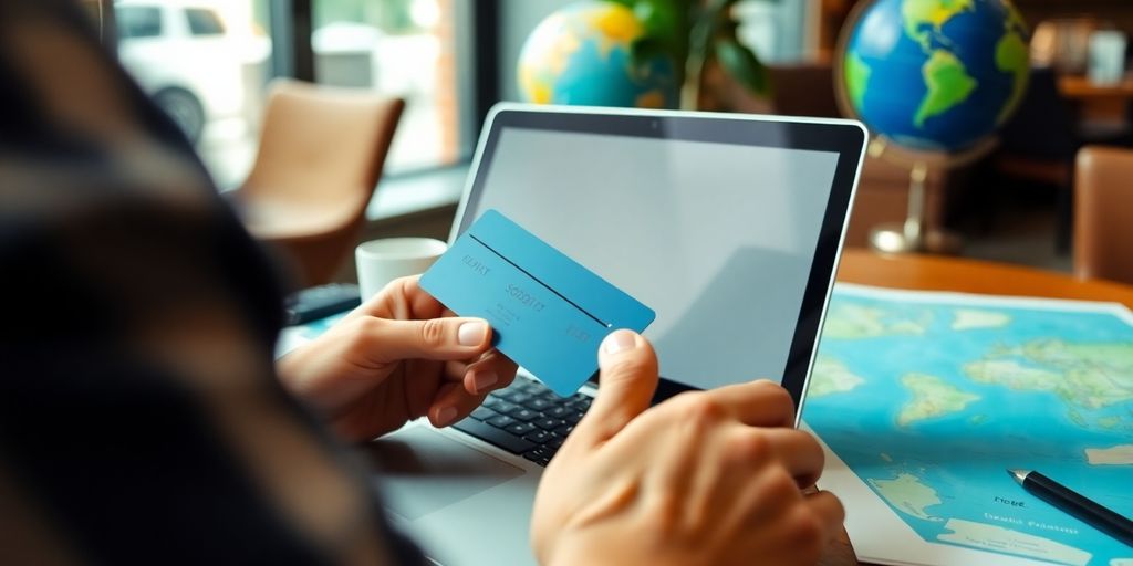 Traveler booking flight tickets on a laptop with credit card.