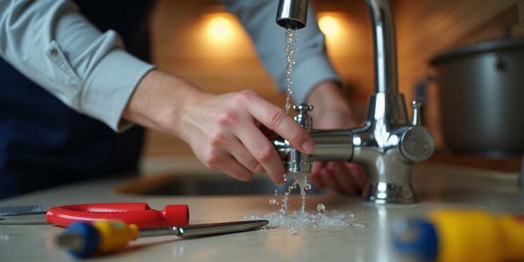 Plumber repairing faucet in a home kitchen.