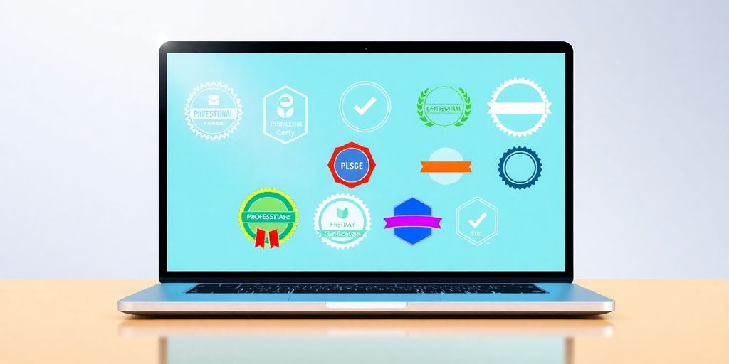 Laptop screen with certification badges