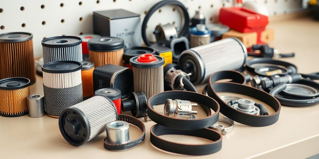 Assorted Fiat 500 spare parts on a workbench.