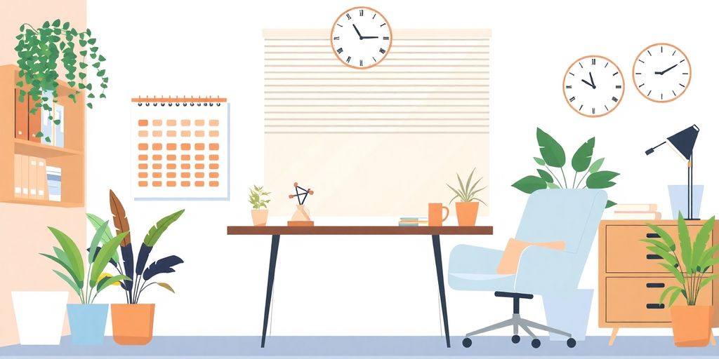 Illustrasjon av avspasering og ferie i arbeidsmiljøet.