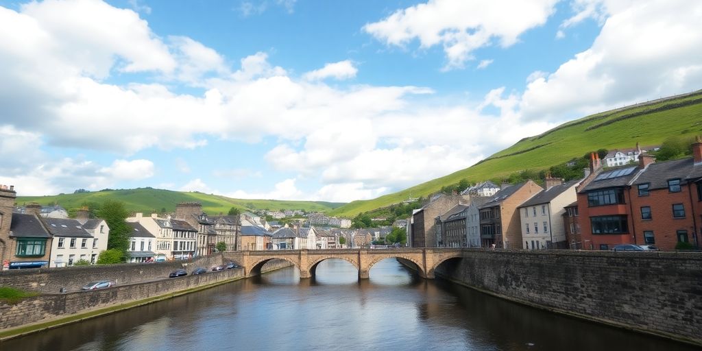 Historic Scottish city skyline with river and bridge.