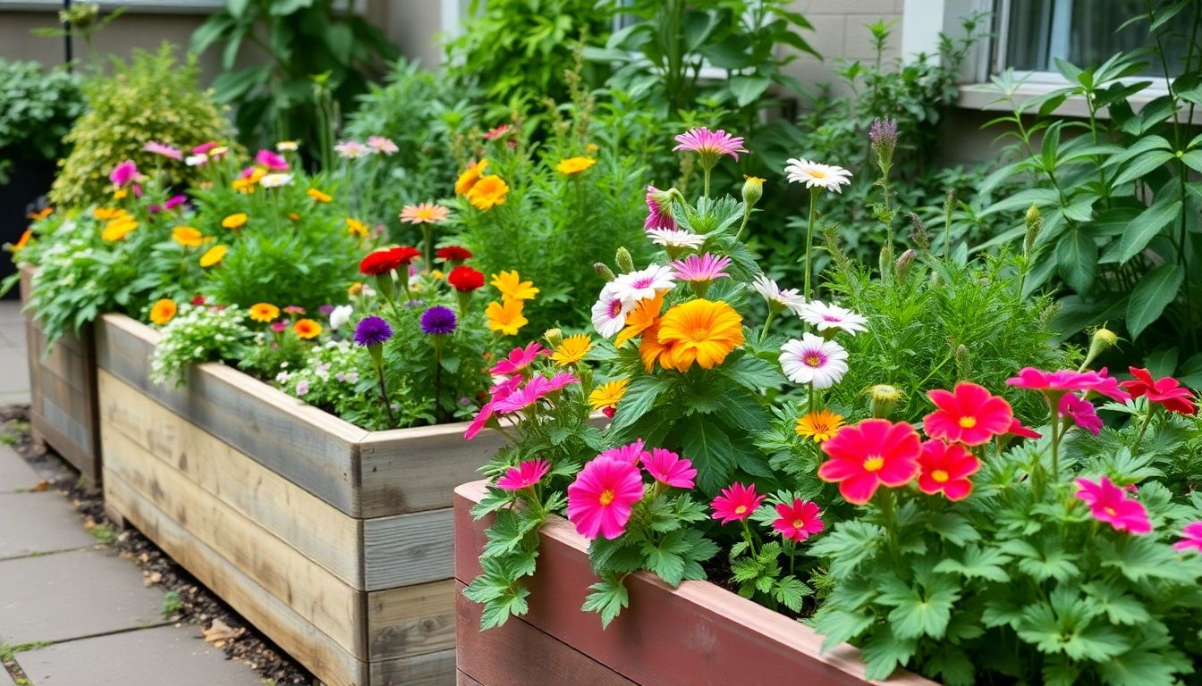 Low-maintenance garden with colourful raised planters.