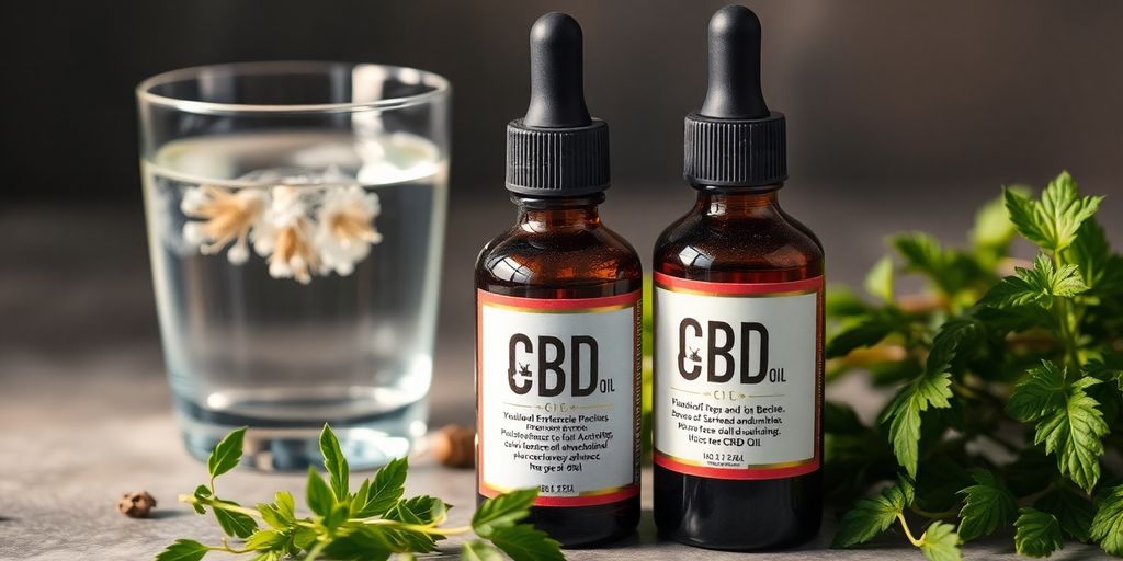 Bottle of CBD oil with herbs and a glass of water.