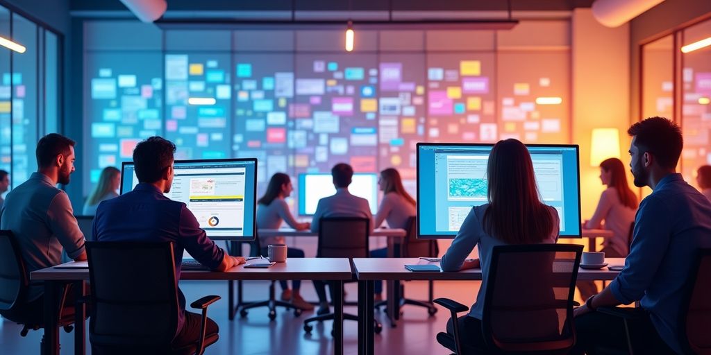 Profissionais de marketing digital em ambiente moderno e colaborativo.