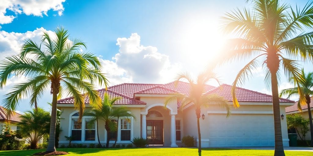 Waterfront home with palm trees and blue sky.