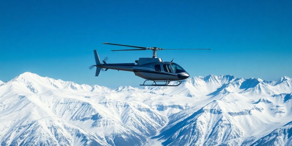 A helicopter flying over a vast, snowy Alaskan mountain range.