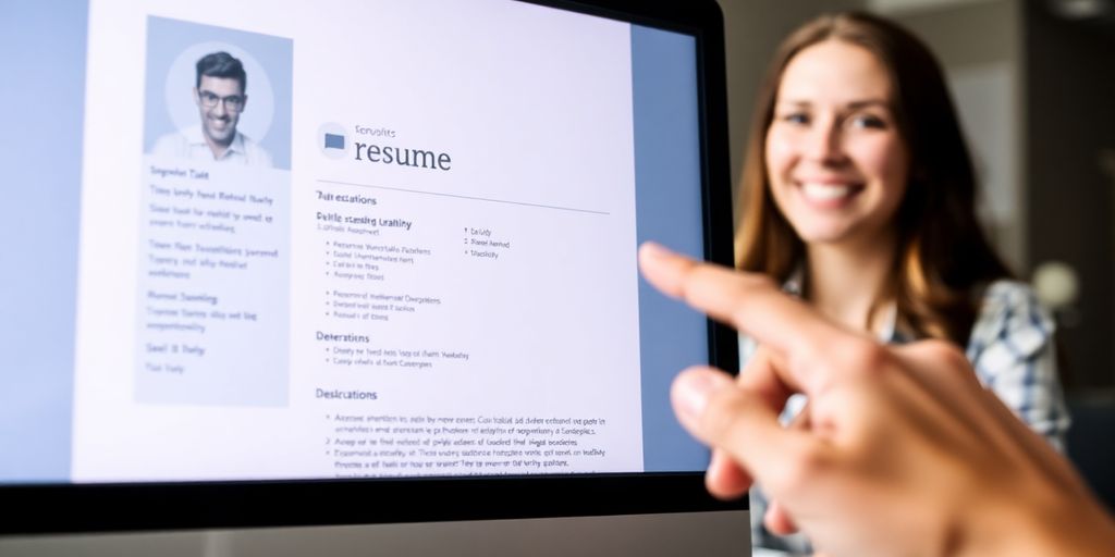 Resume on screen, person smiling, interview