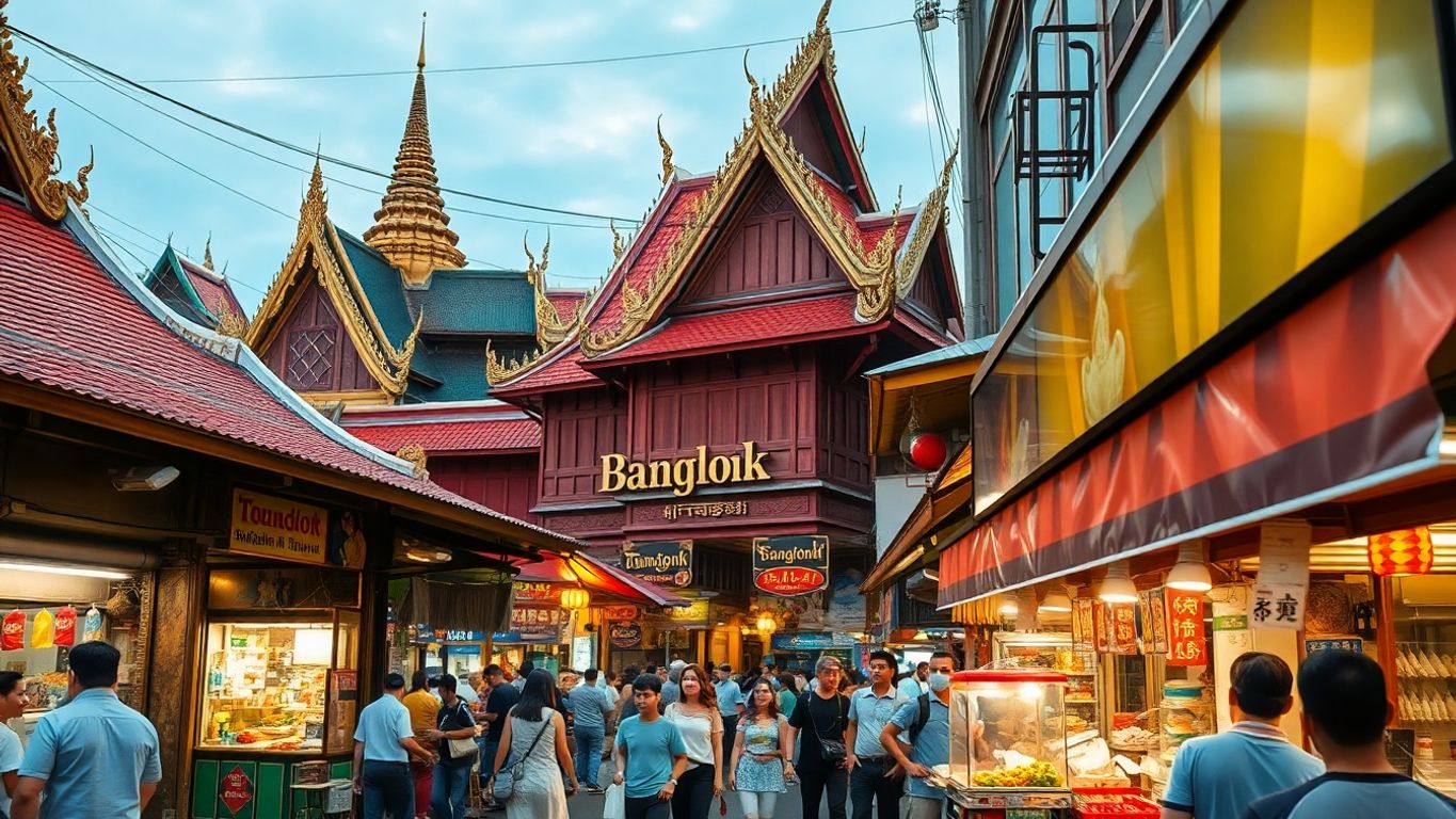 Vibrant Bangkok street filled with cultural experiences and colors.