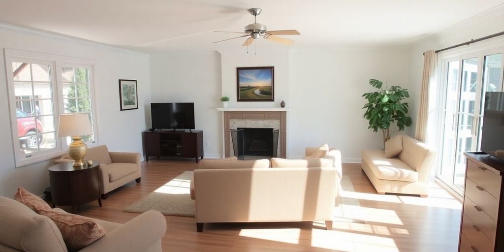 Restored living room after flood damage cleaning.