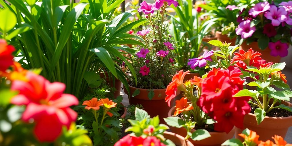 Bunte, blühende Terrassenpflanzen auf einem kleinen Balkon