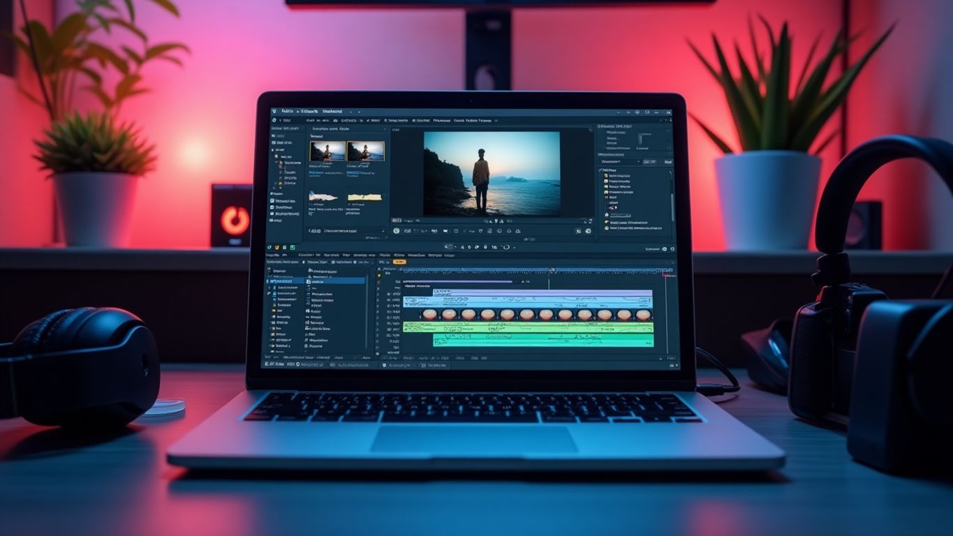 Laptop with video editing software on a modern desk.