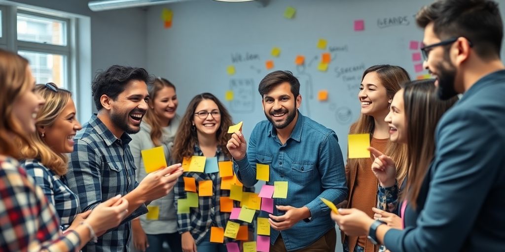 Group brainstorming session with sticky notes and sketches.