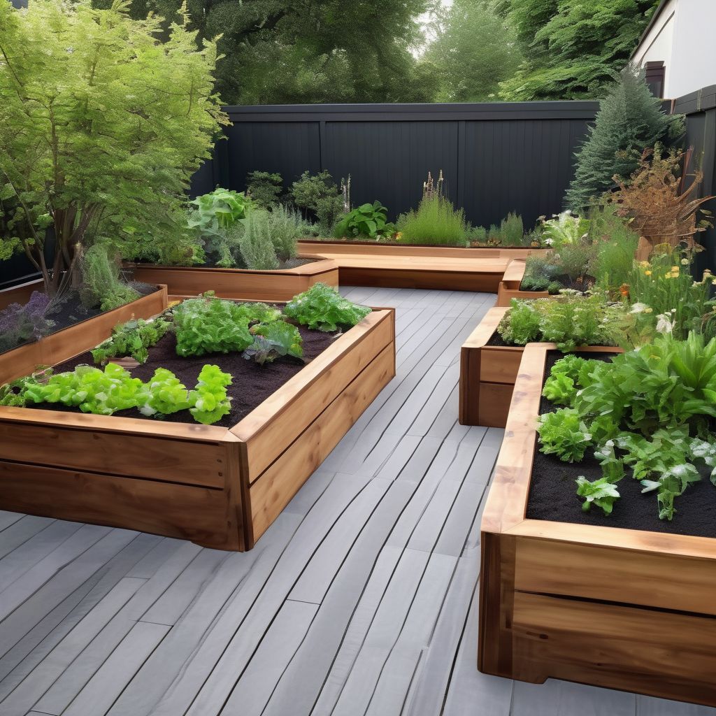 wooden raised garden beds in lush green garden