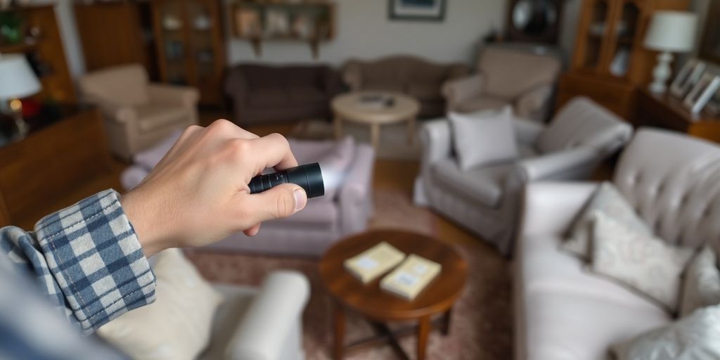 Person inspecting furniture for bed bugs with flashlight.