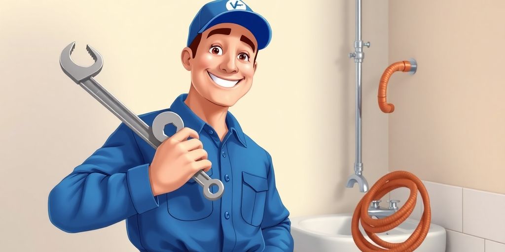 Smiling plumber in blue uniform holding wrench and copper pipe.