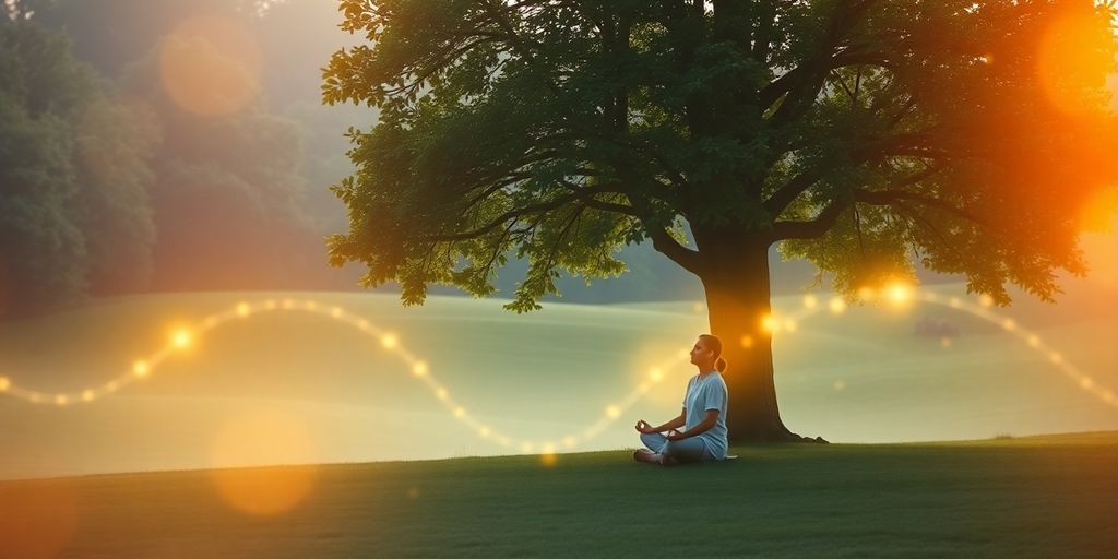 Person meditating in a peaceful, glowing landscape.