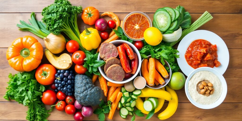 Fresh fruits and vegetables on a wooden table.