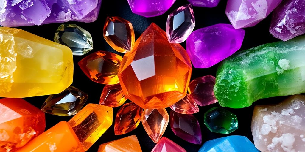 Cristalli colorati disposti in cerchio su sfondo scuro.