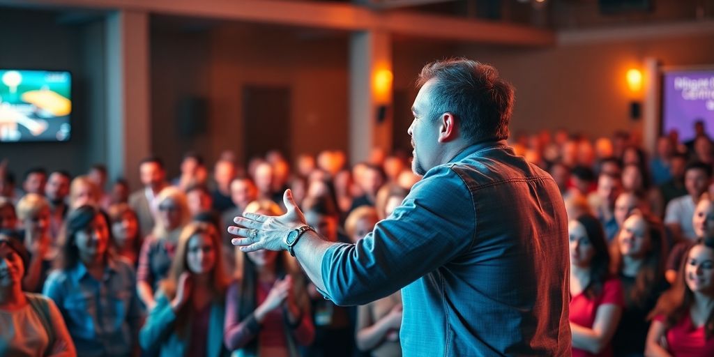 Engaging speaker captivating an enthusiastic live audience.