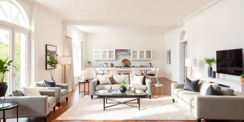 Modern living room with stylish furniture and bright decor.