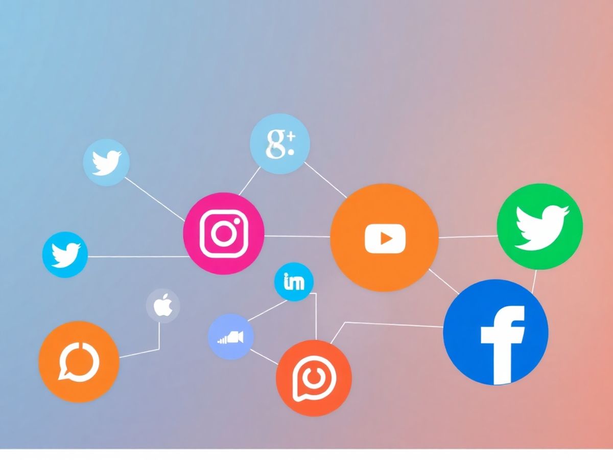 Website și iconițe social media conectate vizual.