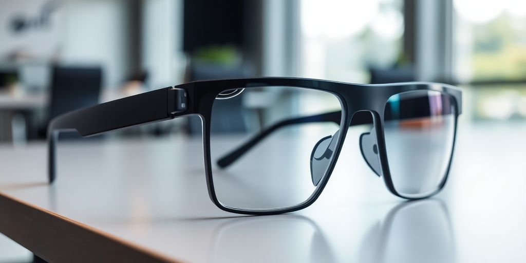 Futuristic AI smart glasses on a modern office desk.