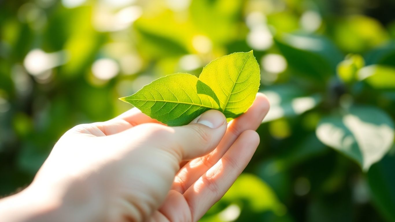 Person holding a green leaf, symbolizing health.
