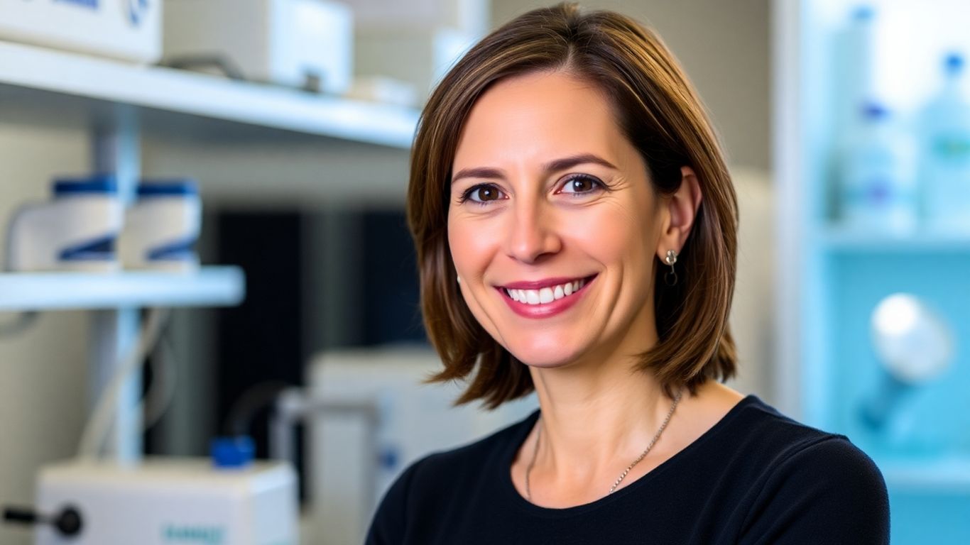 Anne Wojcicki in a biotech lab, smiling confidently