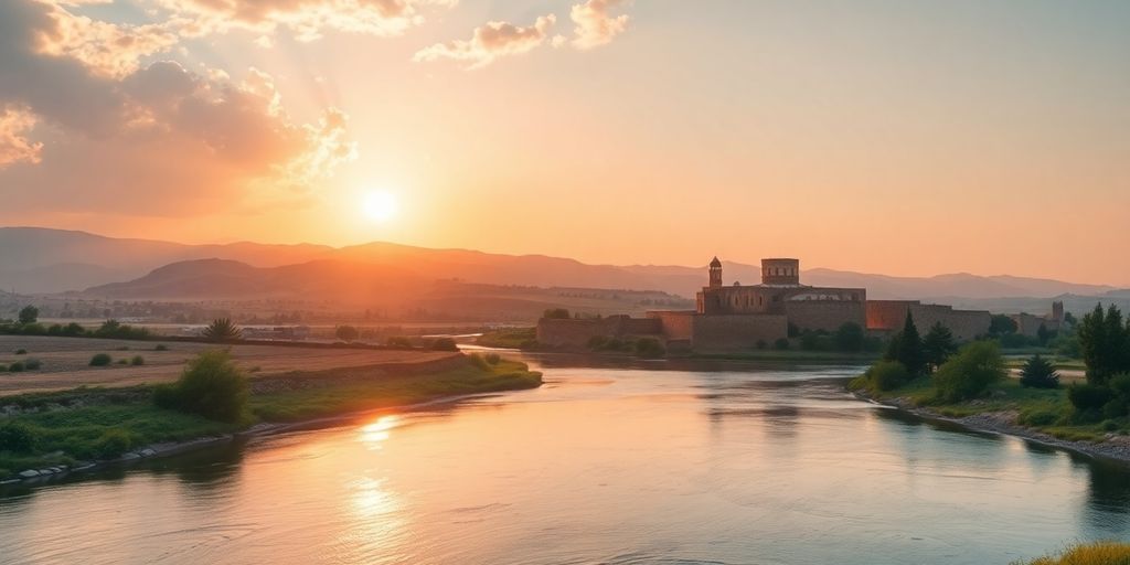 Ancient biblical landscape with sunlit hills and river.