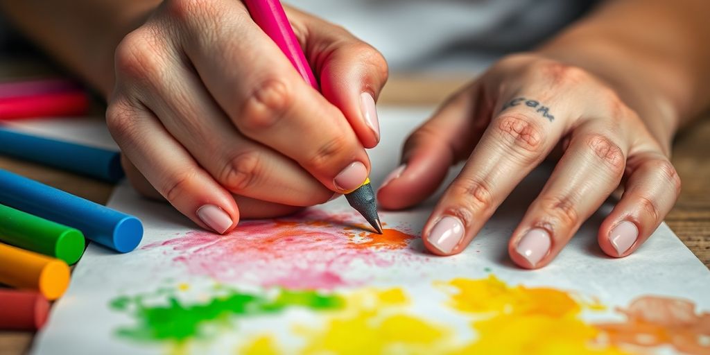 Person drawing with colorful pastels.
