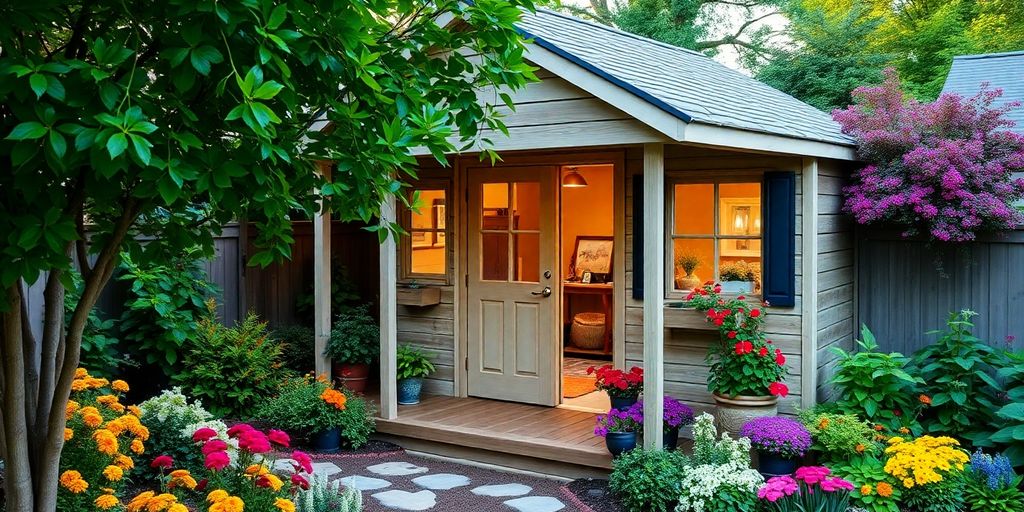Cozy cottage-style garden shed surrounded by greenery.