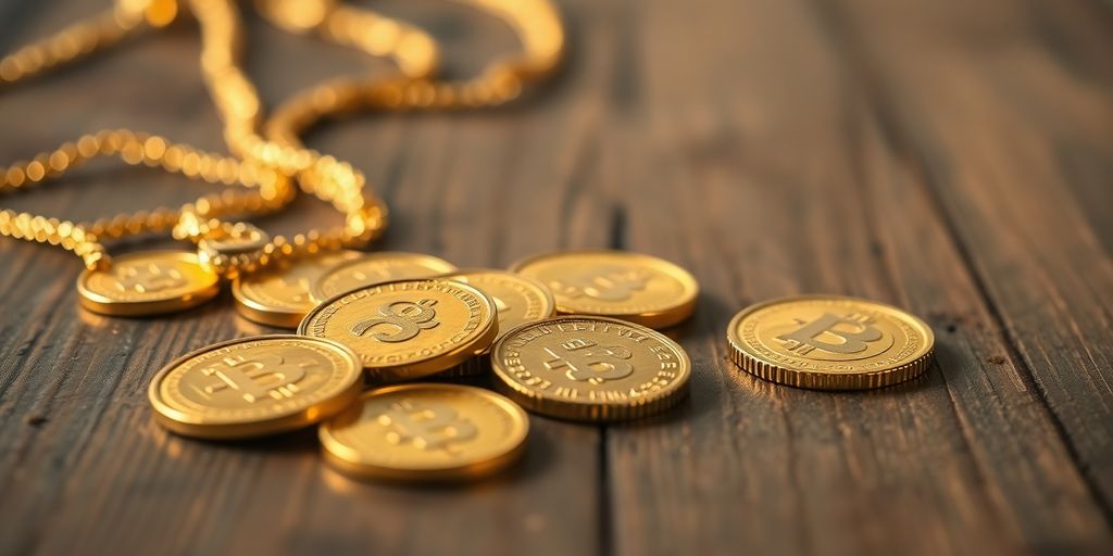 Pièces d'or et bijoux sur une table en bois.