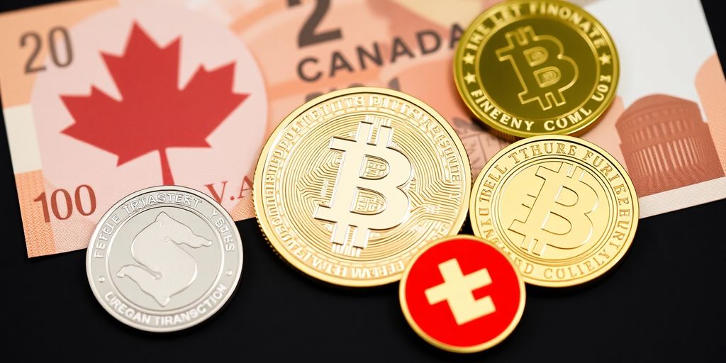 Canadian currency and digital coins related to stablecoins.