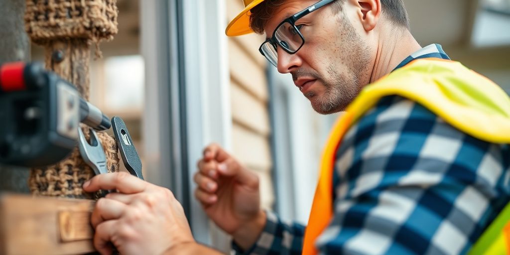 Construction worker inspecting home repairs with safety gear.