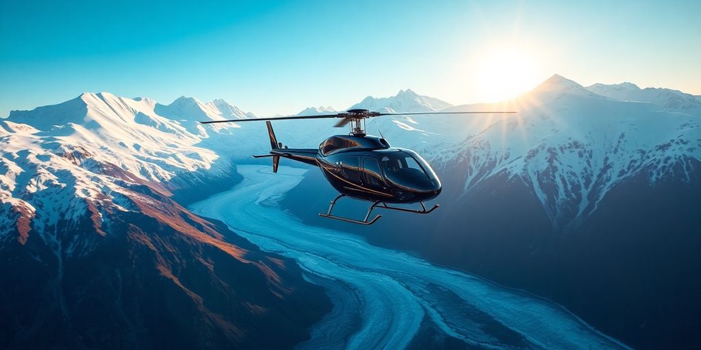 A helicopter flying low over a snowy Alaskan mountain range.