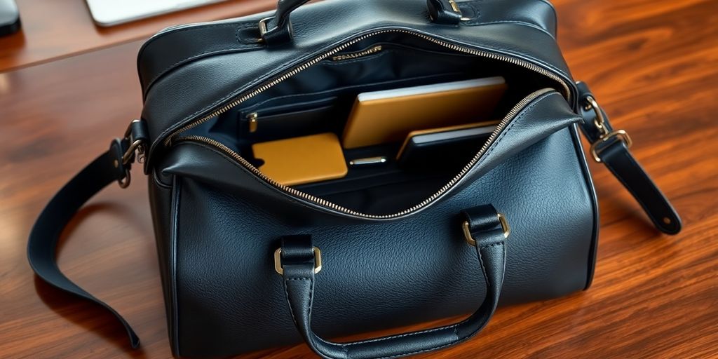 Stylish leather work bag on a wooden desk.