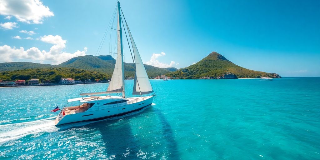 Sailing yacht approaches a tropical island in St. Martin.