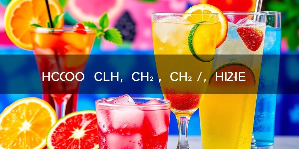 Colorful drinks with ice and fruits on a table.