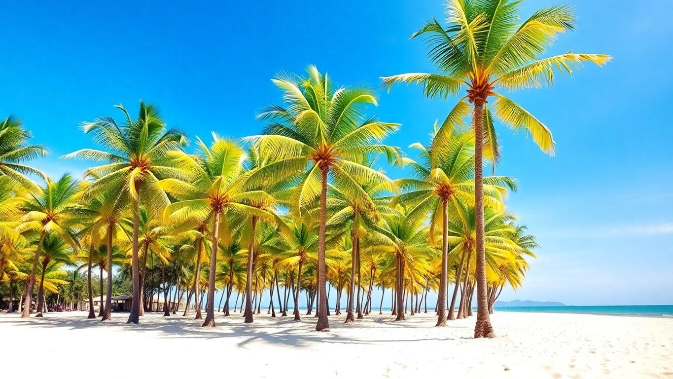 Colorful palm trees on a sunny beach, expanding horizontally.