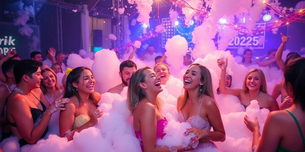 People enjoying a lively foam party with bright lights.