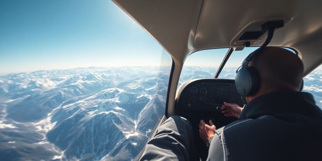 A pilot flying a small plane over snowy Alaskan mountains.